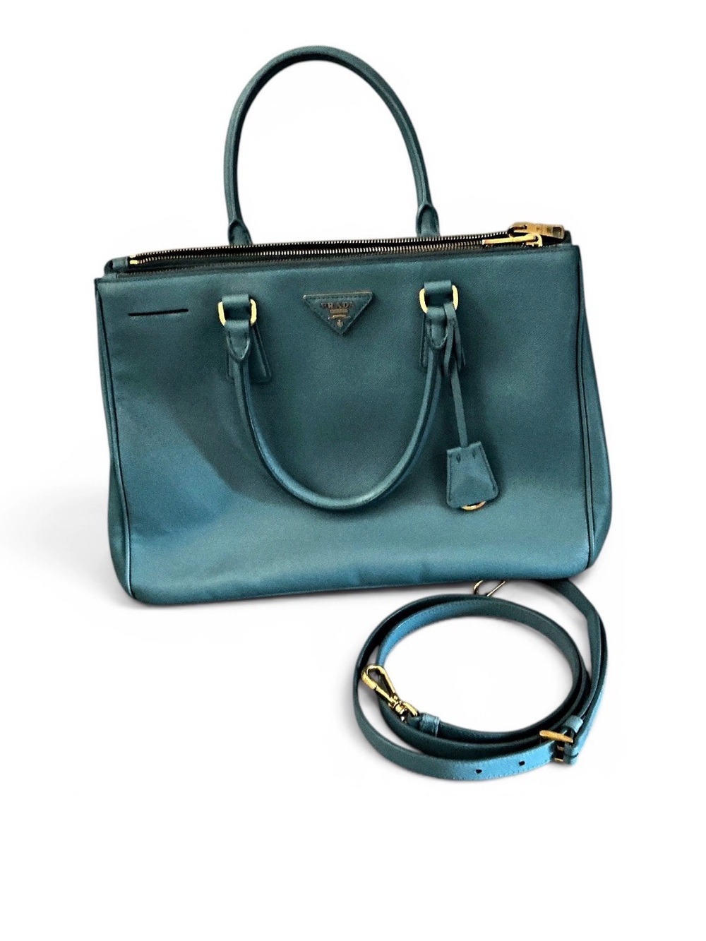 Prada Teal Leather Satchel with Detachable Strap and Gold Hardware